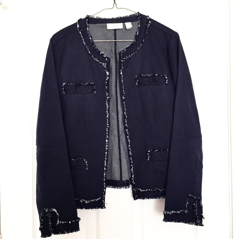 Chico’s Denim Frayed Edge Zip-up Blazer